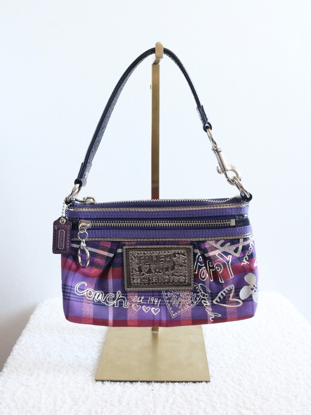 Vintage Y2K Coach Poppy Tartan Plaid Graffiti Mini Pochette Purple Pink Silver
